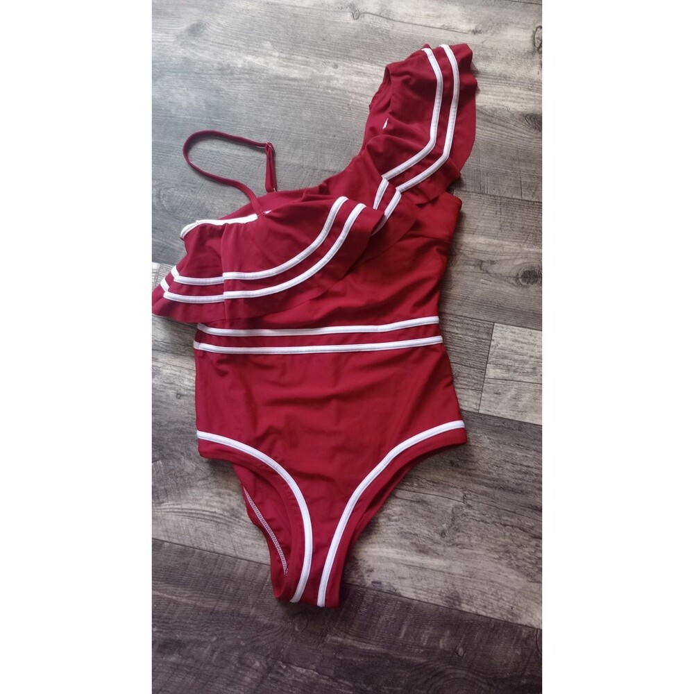 Unknown Label Women's M Red With White Trim One Shoulder Swimsuit, NWOT